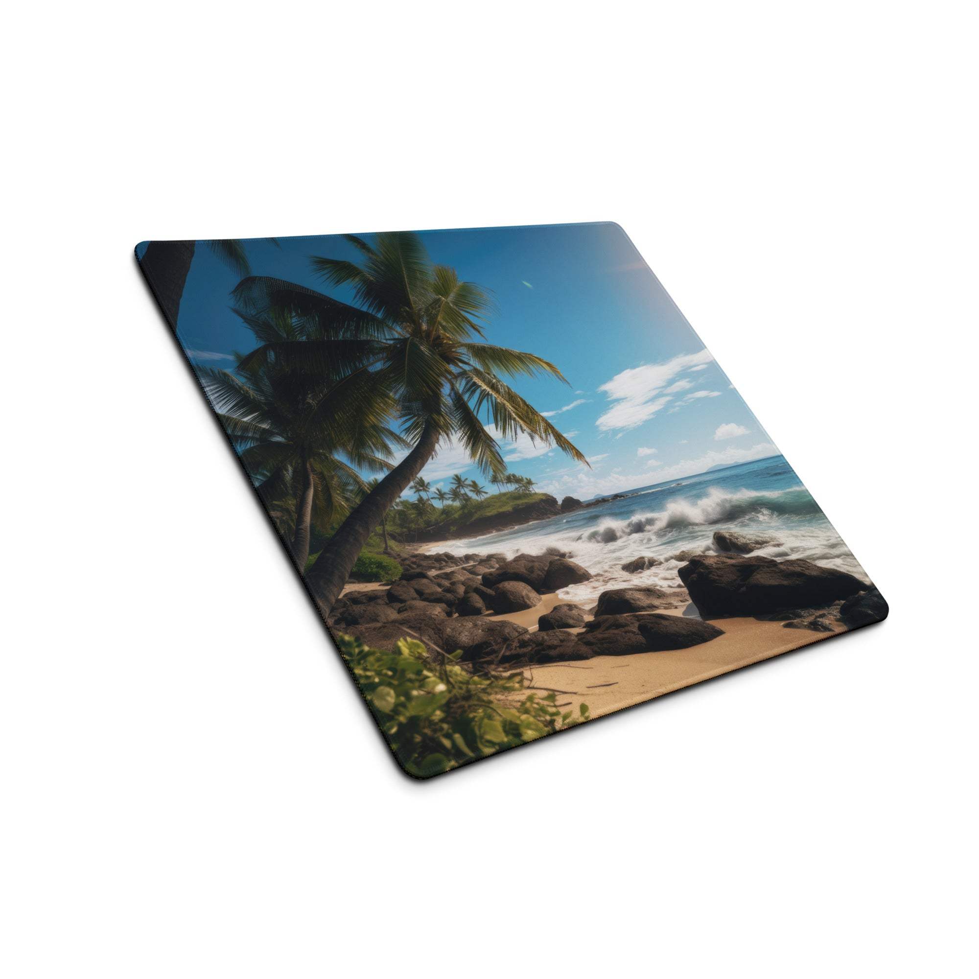 Ultra wide tropical beach paradise gaming mouse pad with palm trees and waves