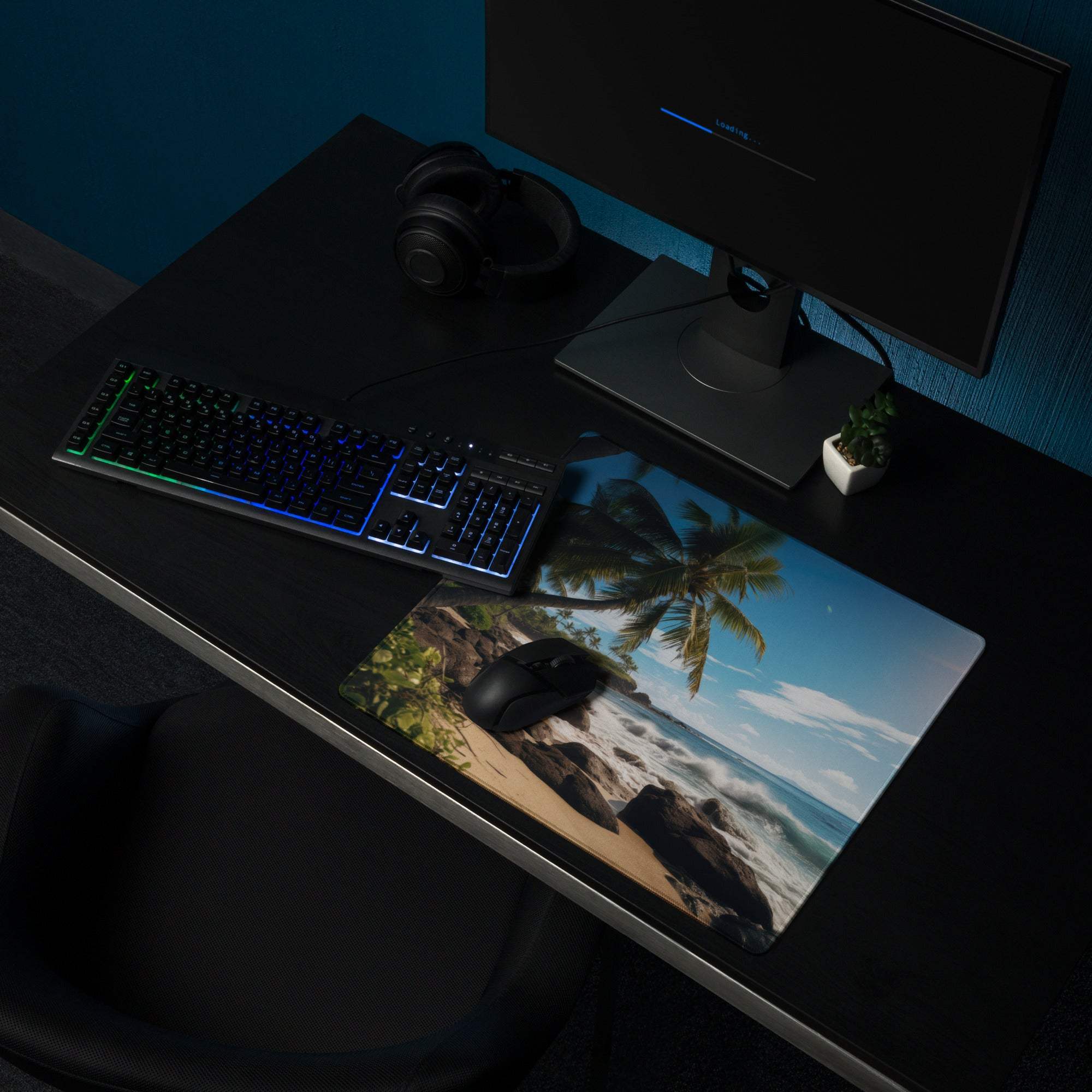 Ultra wide tropical beach paradise gaming mouse pad with palm trees and waves