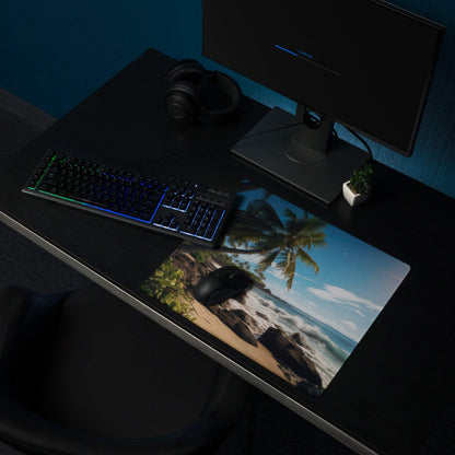 Ultra wide tropical beach paradise gaming mouse pad with palm trees and waves