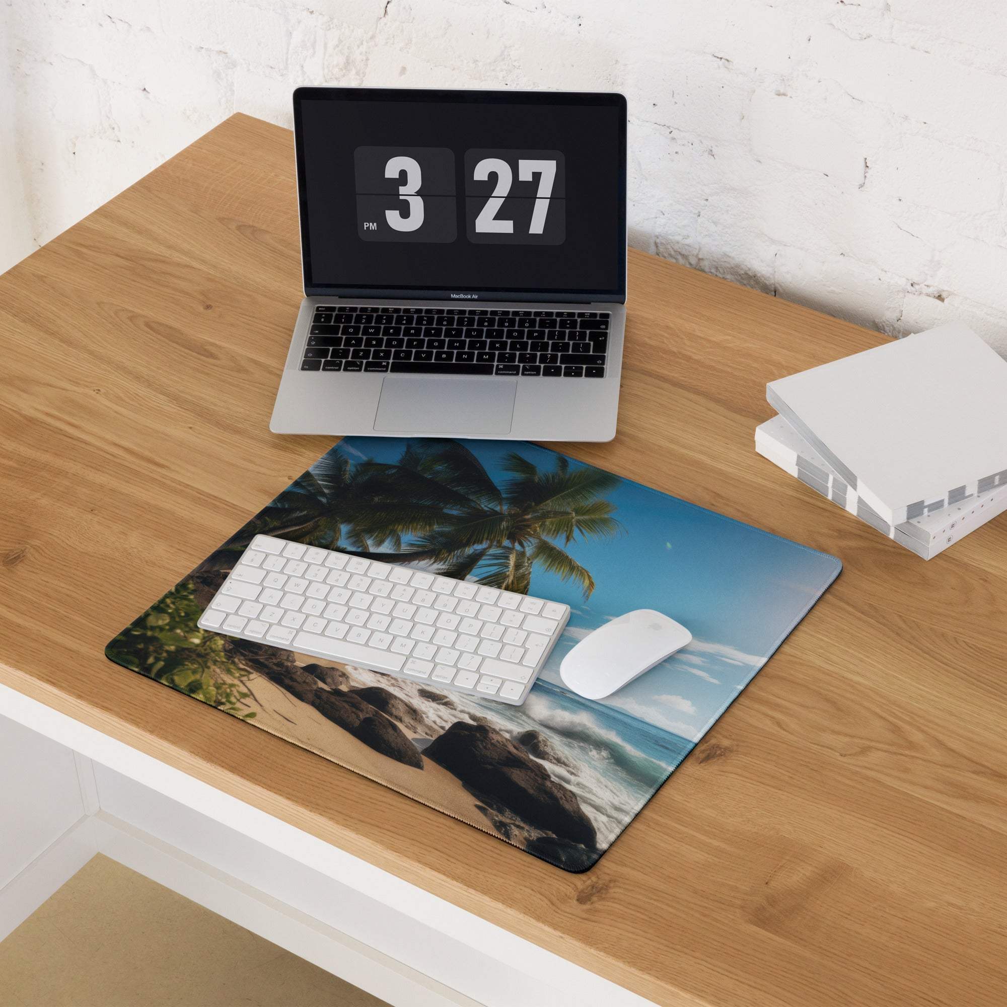 Beige white minimalist keyboard on tropical beach mousepad with palms waves