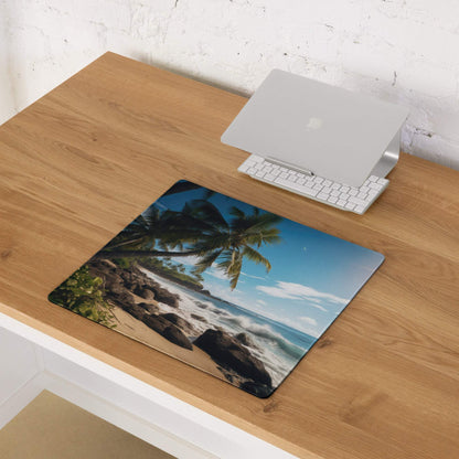 Ultra wide tropical beach paradise gaming mouse pad with palm trees and turquoise waves