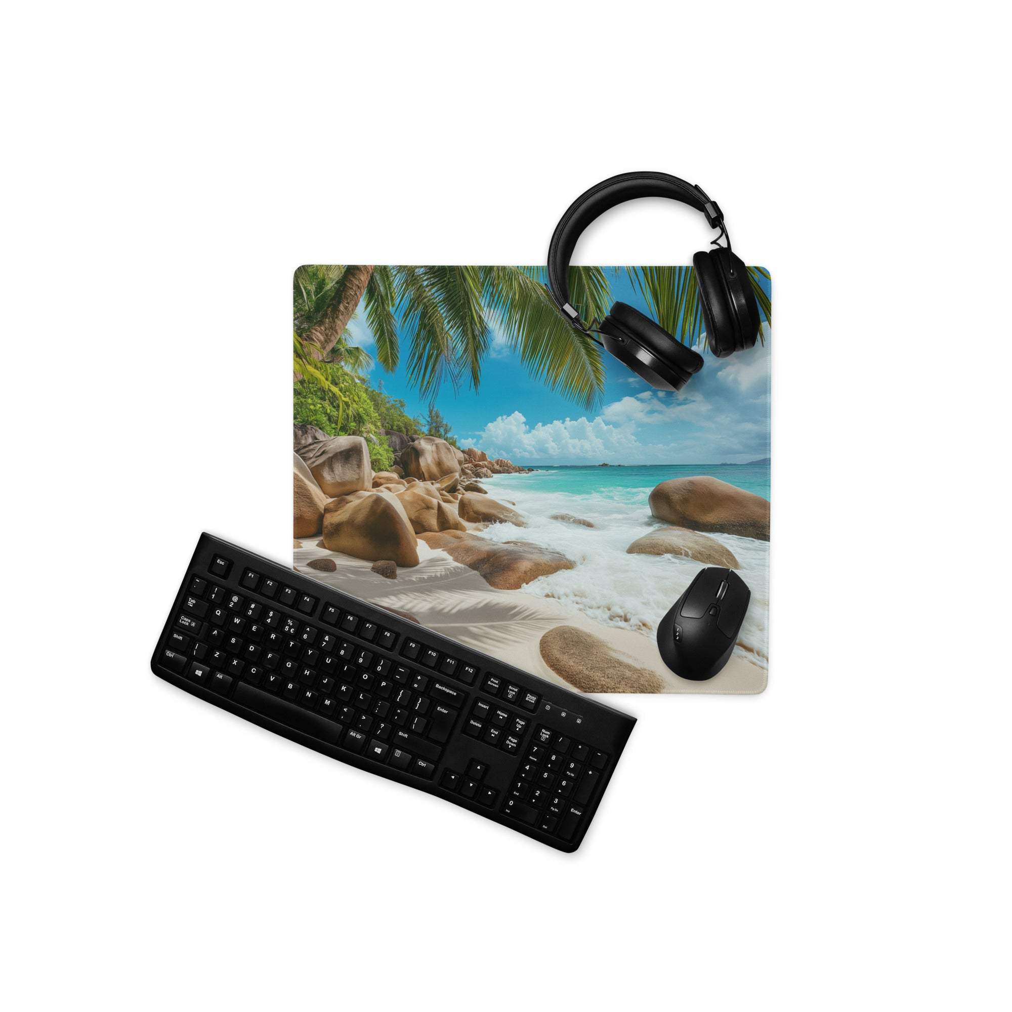 Black wireless mouse on vibrant beach scene ocean blue gaming mouse pad