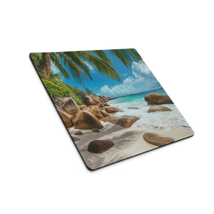 Vibrant beach scene ocean blue gaming mouse pad with palm trees and rocks