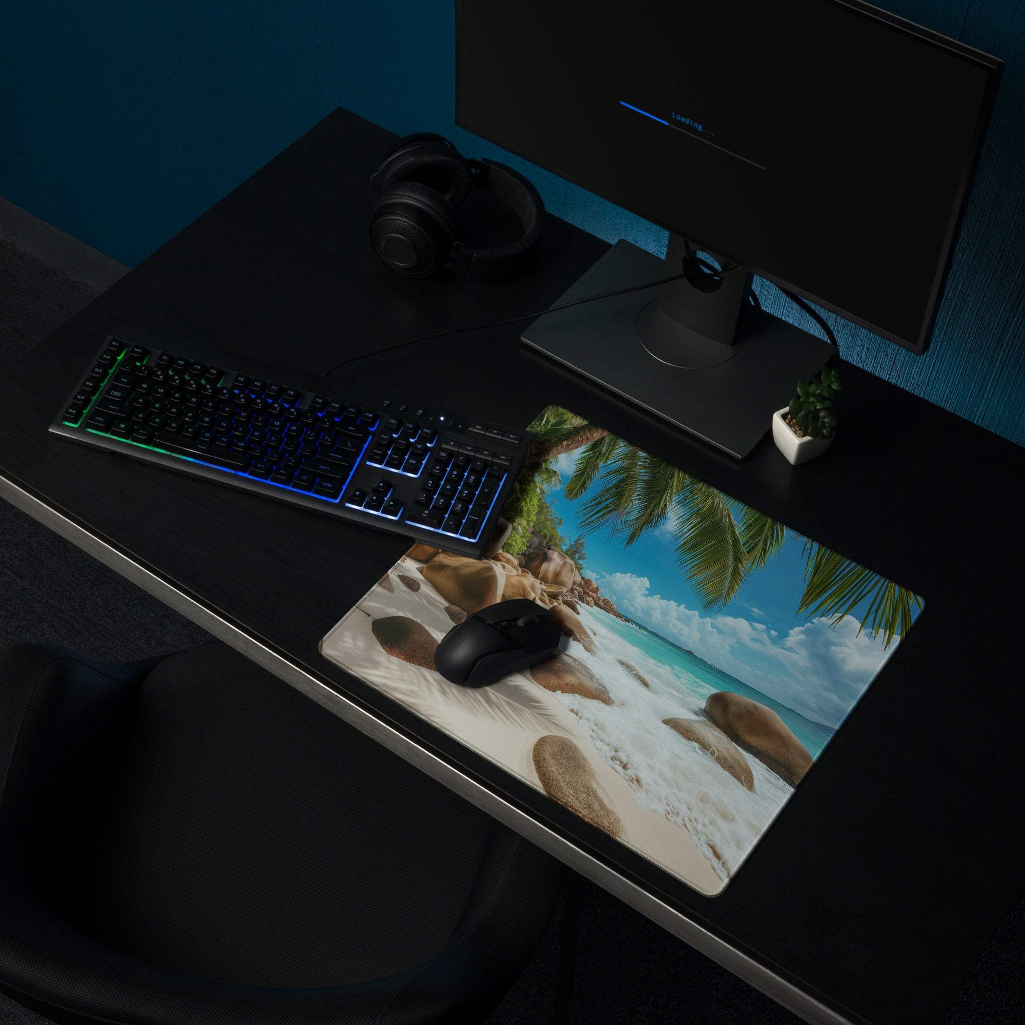 Vibrant beach scene ocean blue gaming mouse pad with palm trees and turquoise water