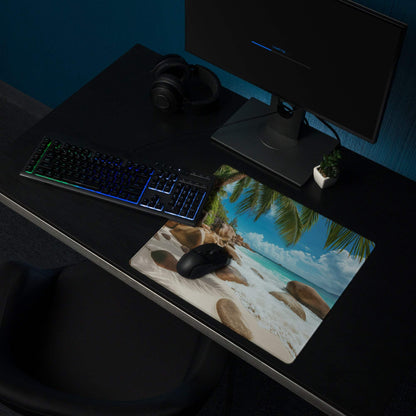 Vibrant beach scene ocean blue gaming mouse pad with palm trees and turquoise water