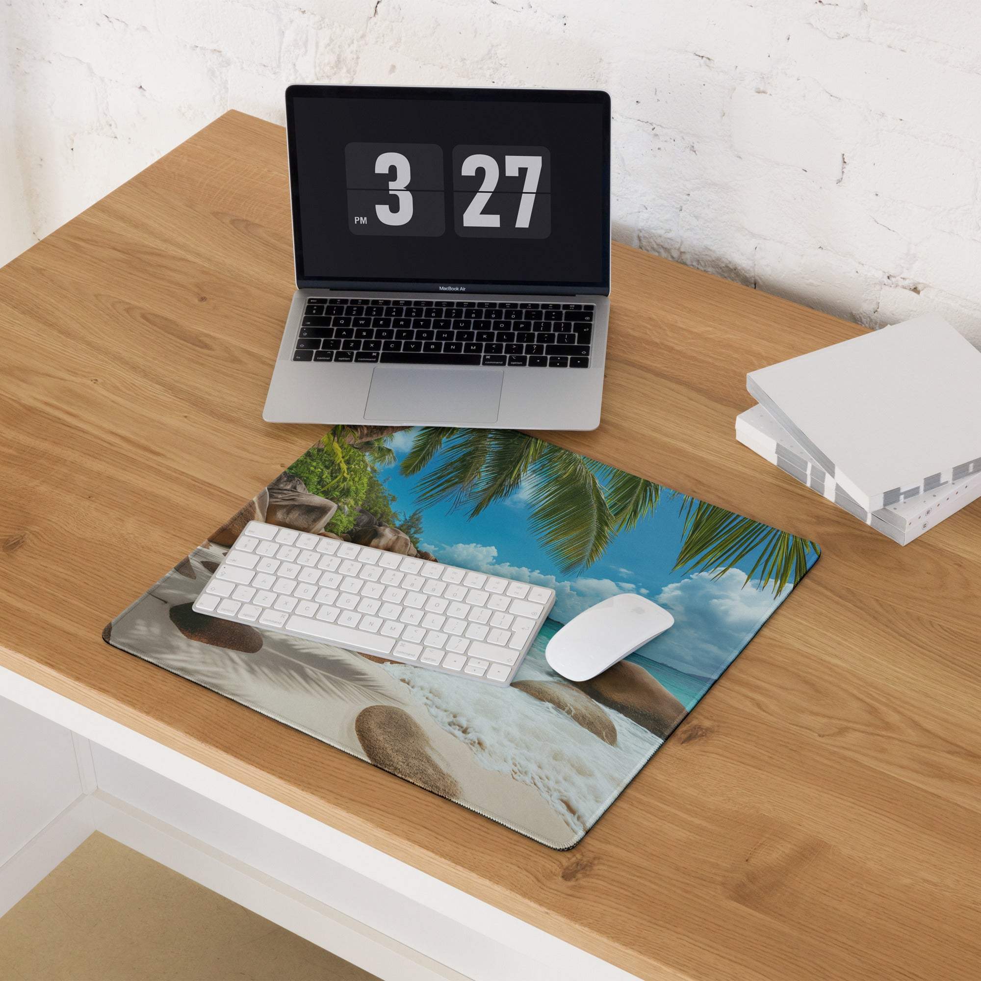 Vibrant beige blue tropical beach mousepad with palm trees waves rocks non-slip base
