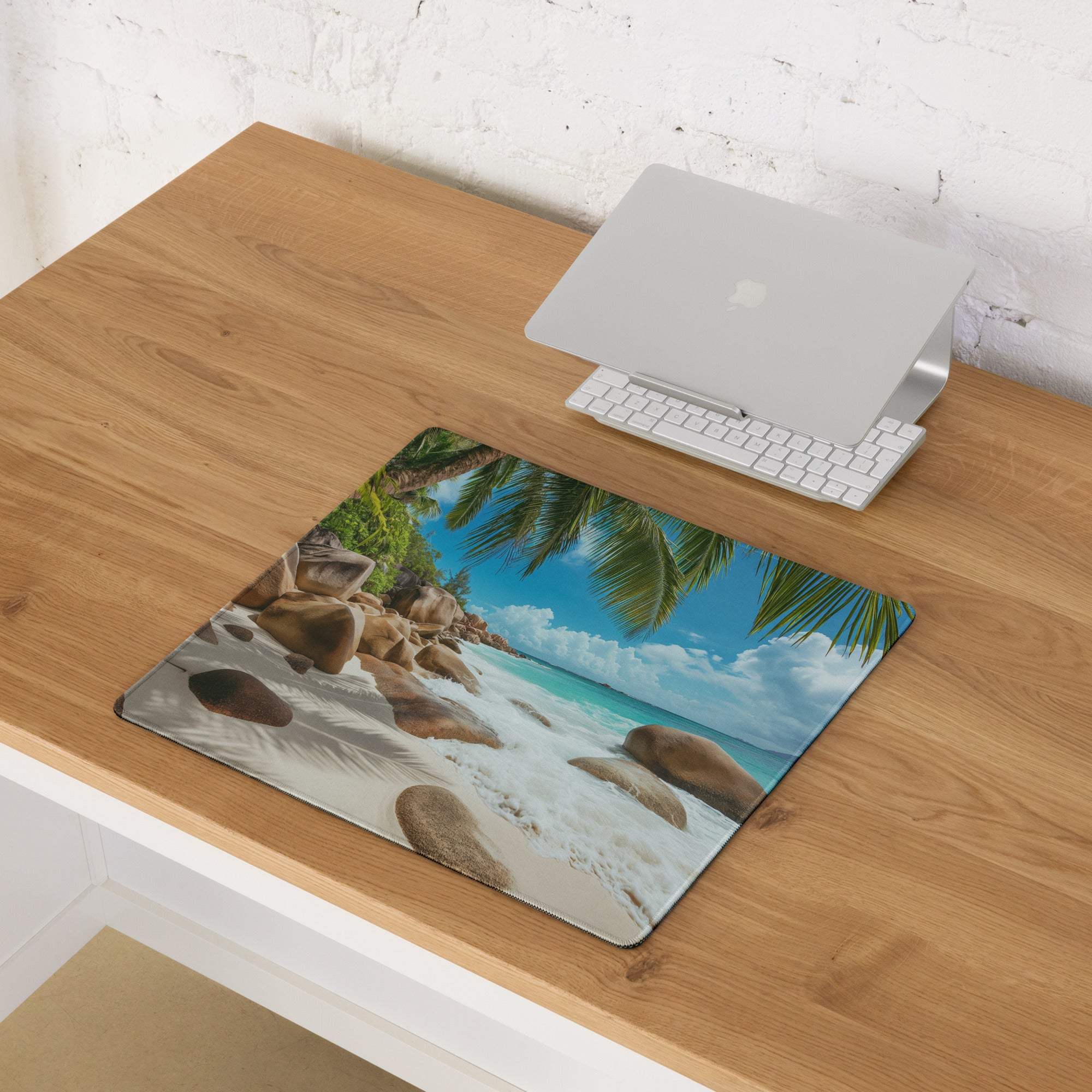 Vibrant beach scene ocean blue gaming mouse pad with turquoise ocean and palm trees