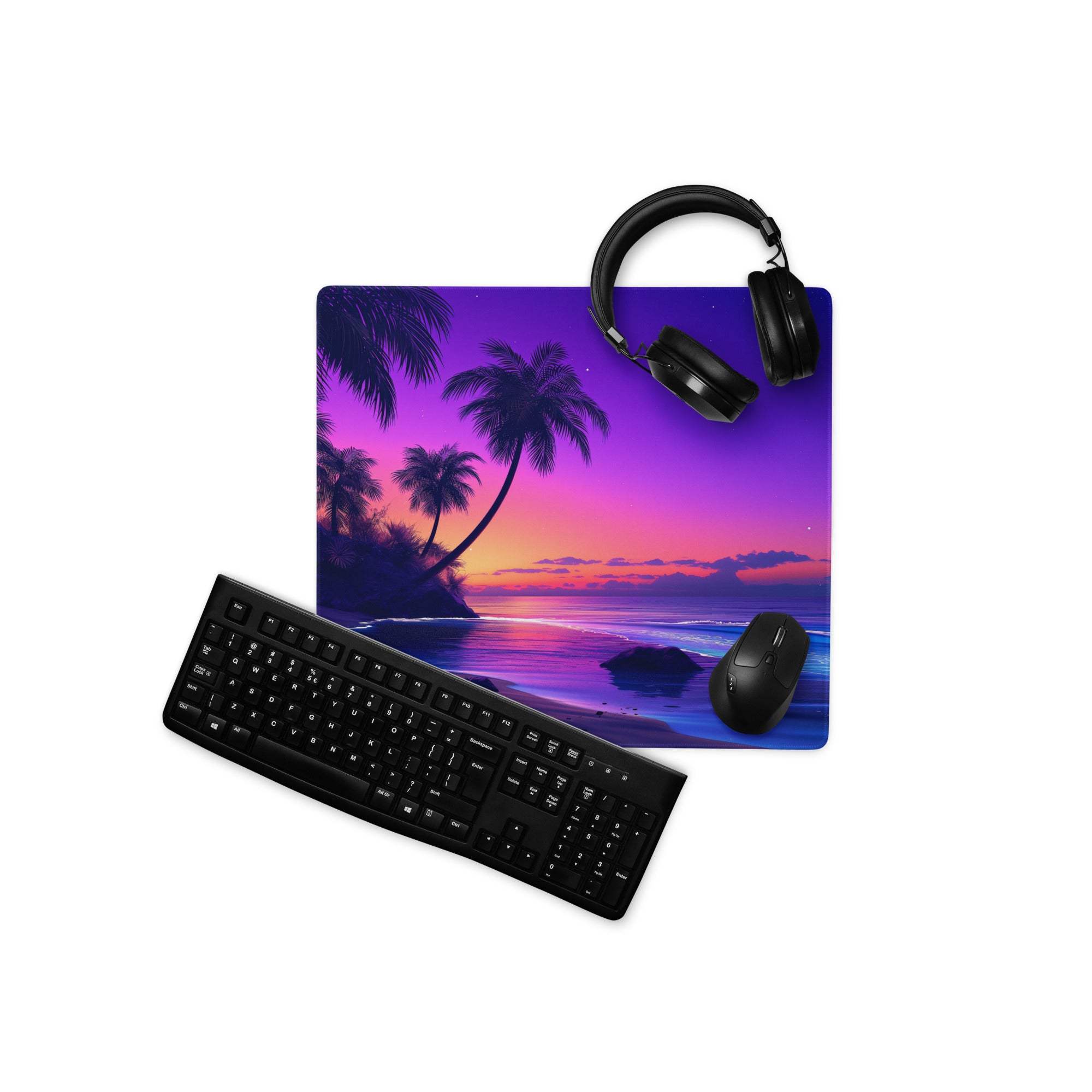 Vibrant purple pink sunset beach mousepad with palm trees ocean glossy finish