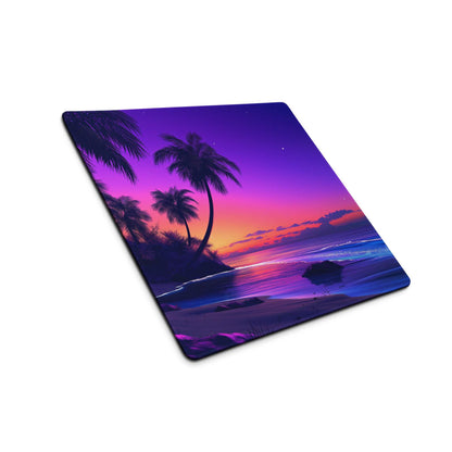 Vibrant purple pink sunset beach mousepad with palm tree silhouettes