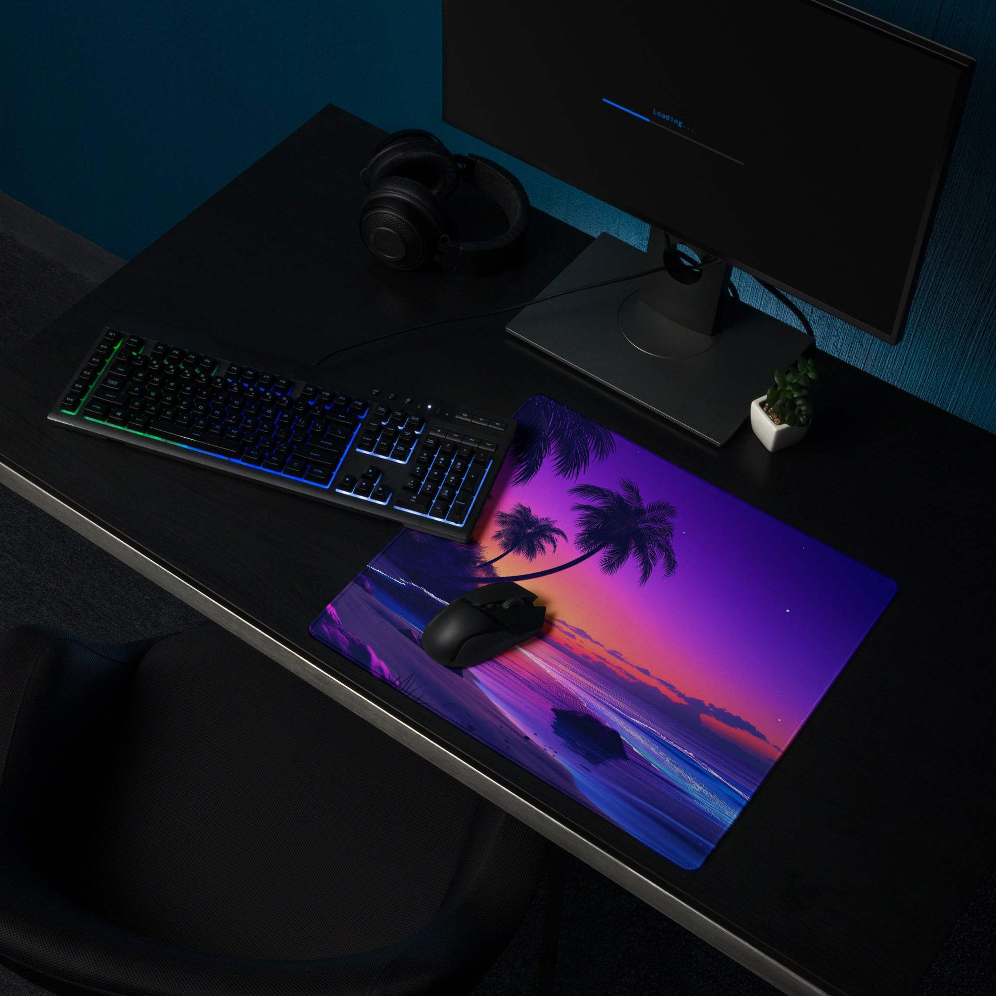 Vibrant purple pink tropical sunset gaming mouse pad with palm trees ocean backdrop