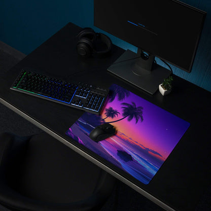 Vibrant purple pink tropical sunset gaming mouse pad with palm trees ocean backdrop