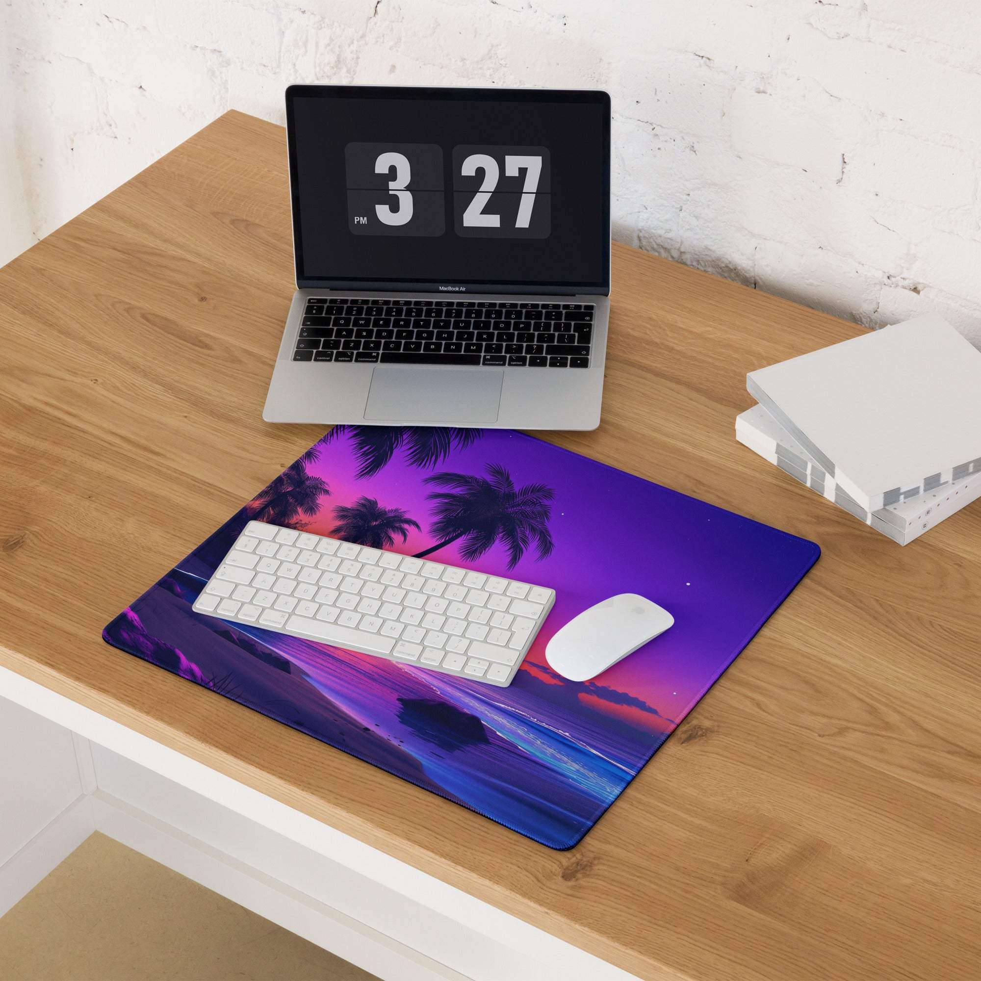 Purple pink tropical sunset gaming mousepad with palm trees large non-slip stitched