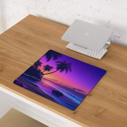 Purple pink tropical sunset gaming mouse pad with palm tree silhouettes