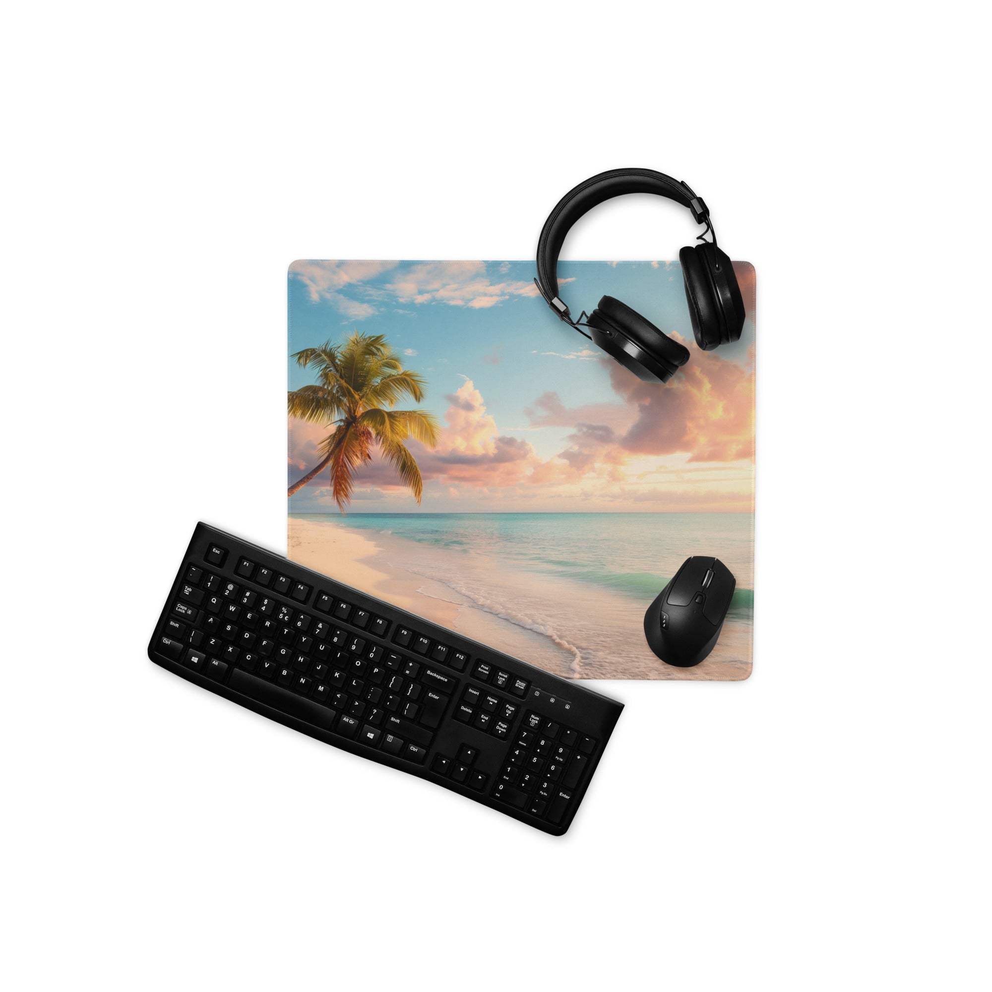 Sunset Beach Paradise gaming mouse pad with palm tree, turquoise ocean, pink sky