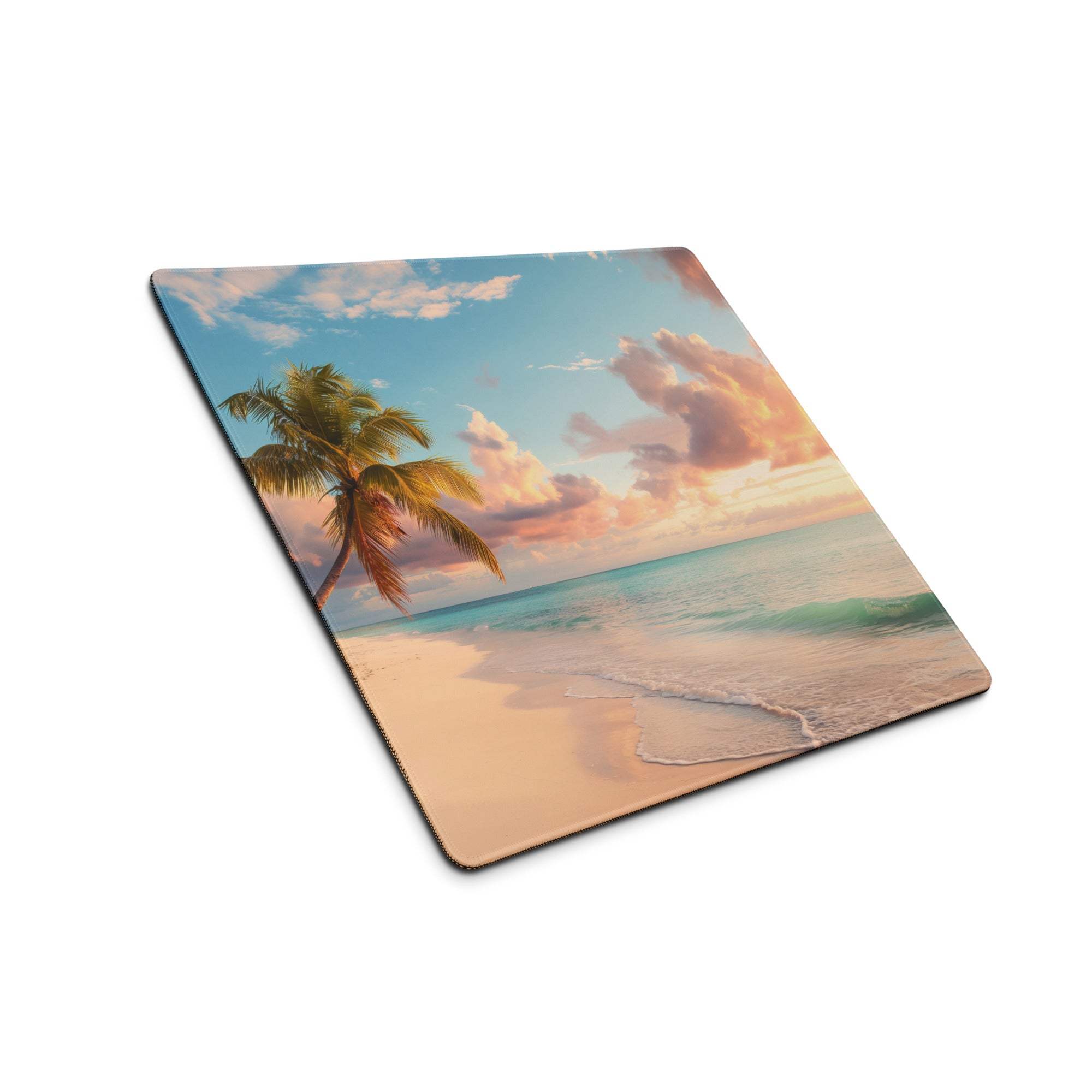 Sunset Beach Paradise gaming mousepad with palm tree, turquoise waves, pink-orange sunset