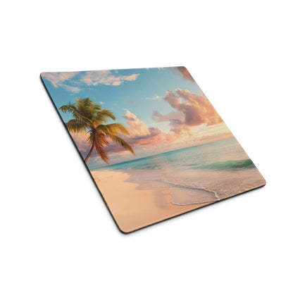 Sunset Beach Paradise gaming mousepad with palm tree, turquoise waves, pink-orange sunset