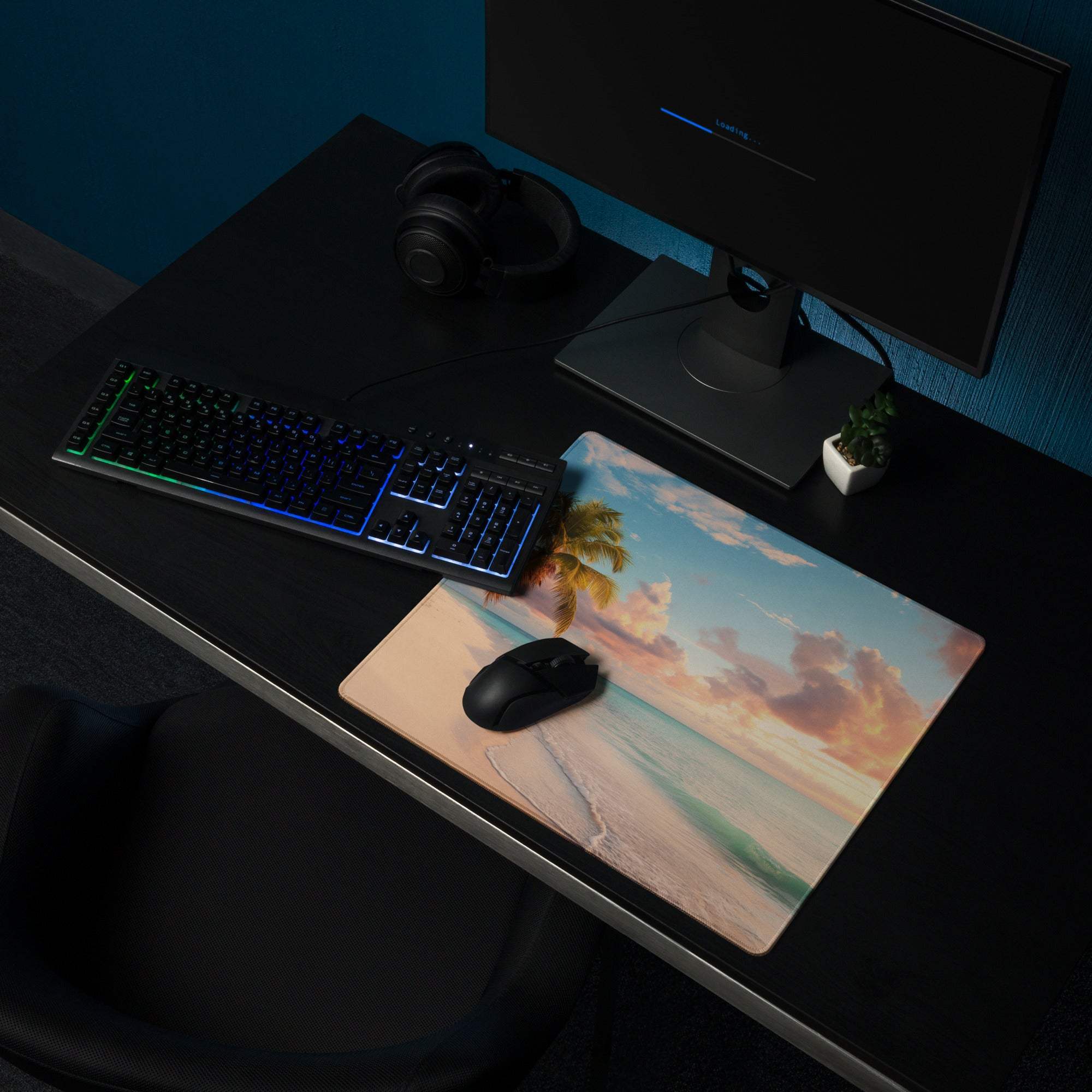 Beige peach beach sunset mousepad with palm tree design