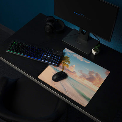Beige peach beach sunset mousepad with palm tree design
