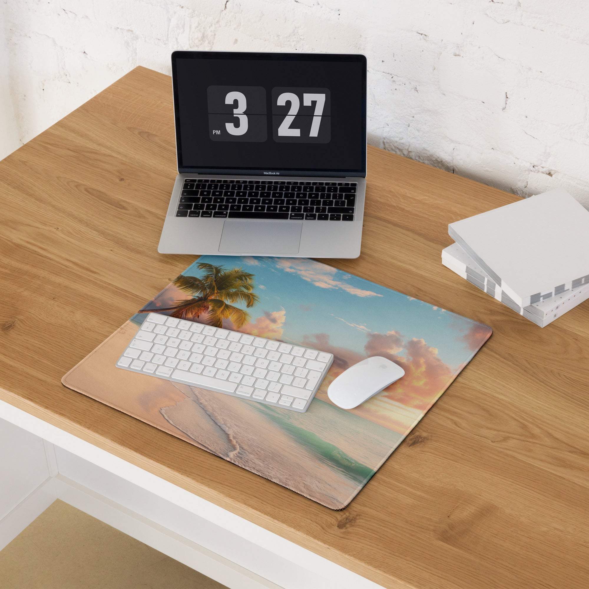 Sunset Beach Paradise gaming mouse pad with beige blue palm trees dunes