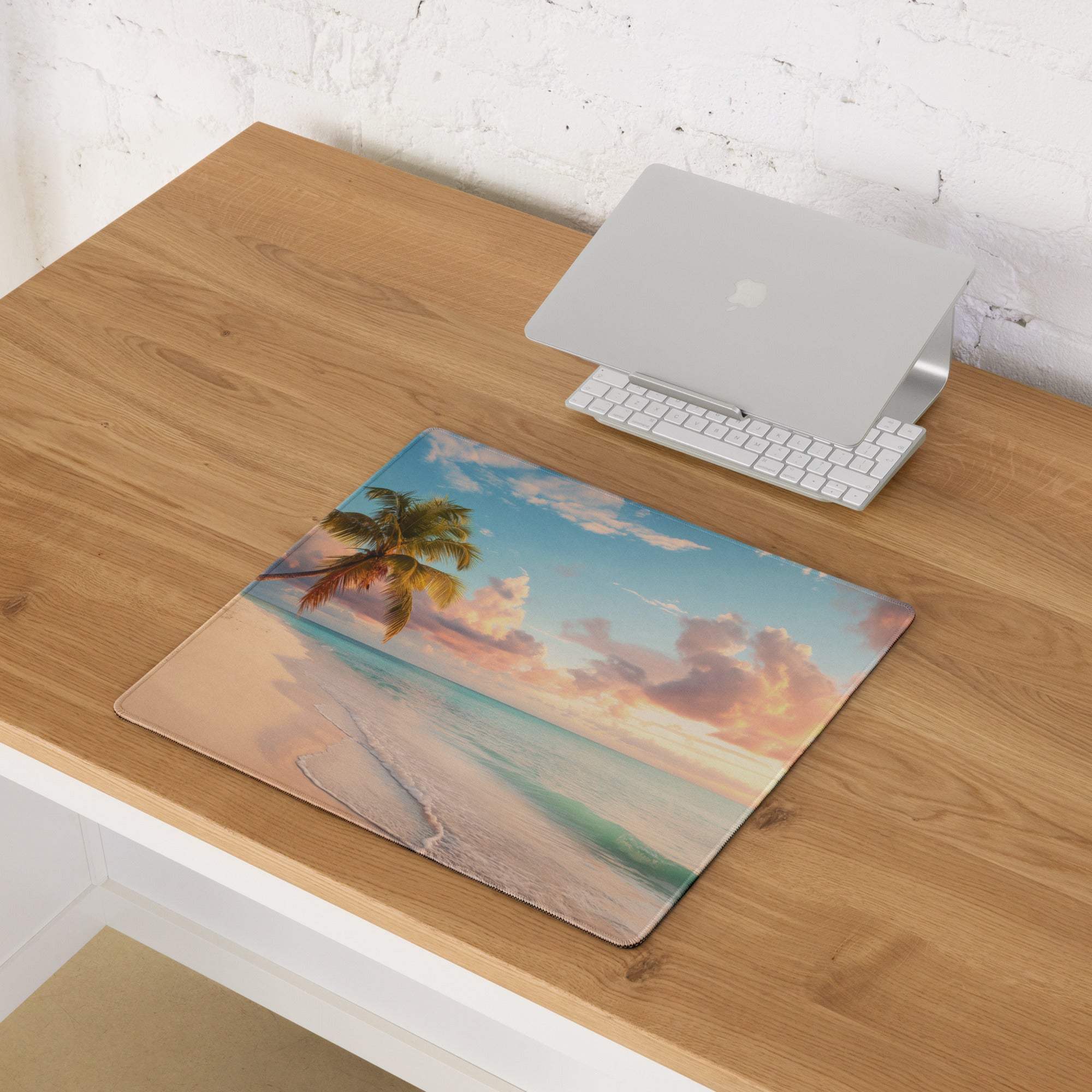 Sunset Beach Paradise gaming mouse pad with palm trees and turquoise water