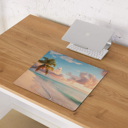 Sunset Beach Paradise gaming mouse pad with palm trees and turquoise water