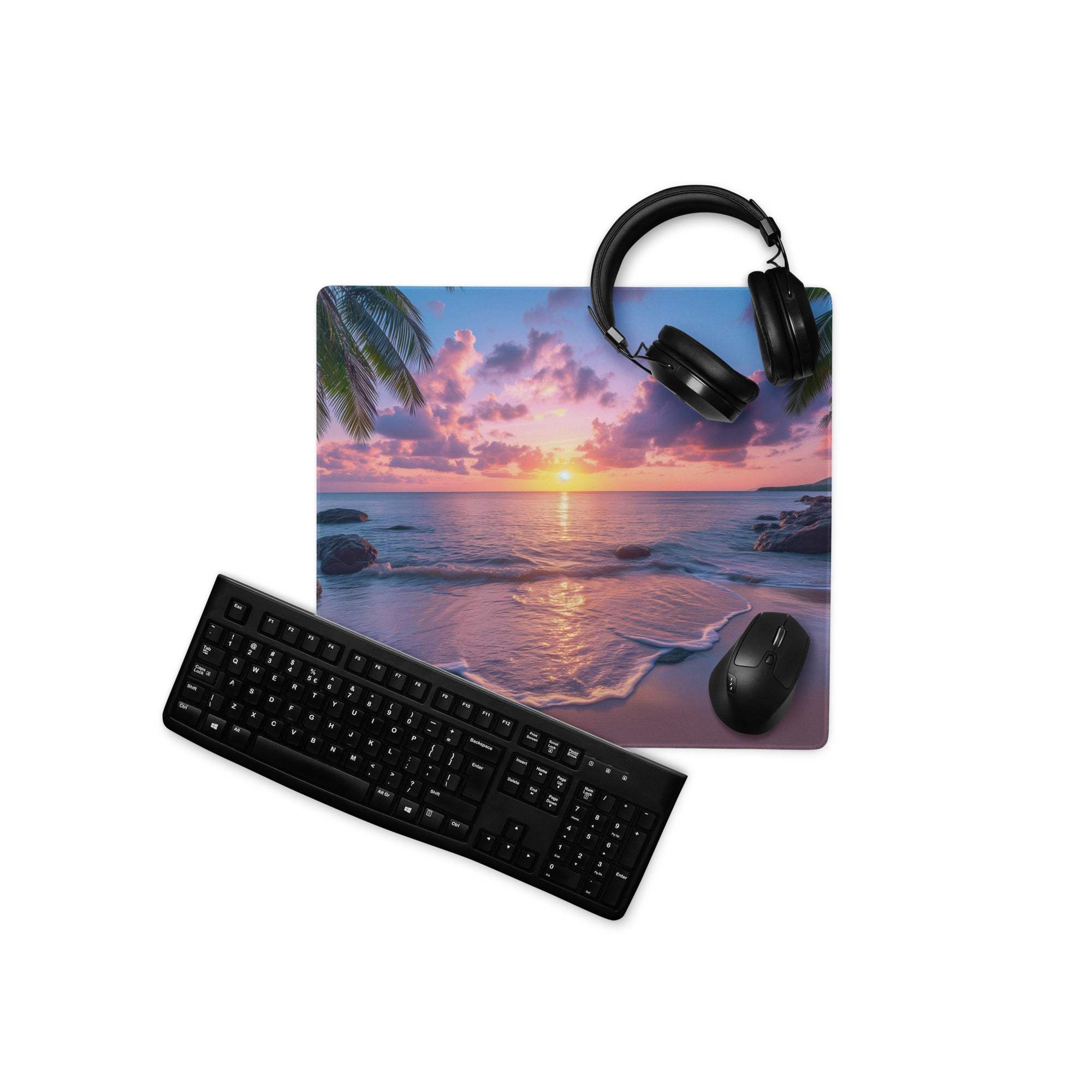 Black keyboard, mouse, and headphones on vibrant sunset beach gaming mouse pad