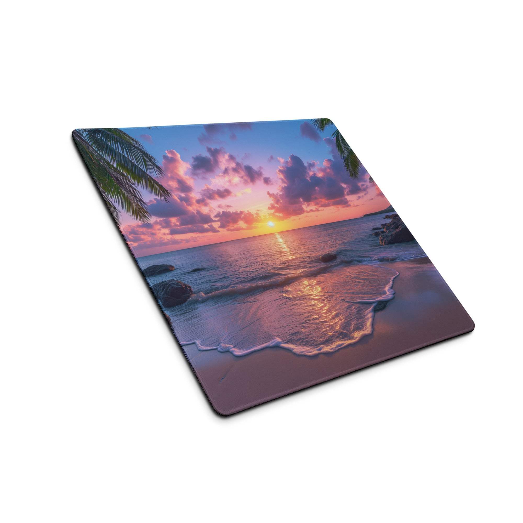 Vibrant sunset beach gaming mouse pad with non-slip backing and edge stitching