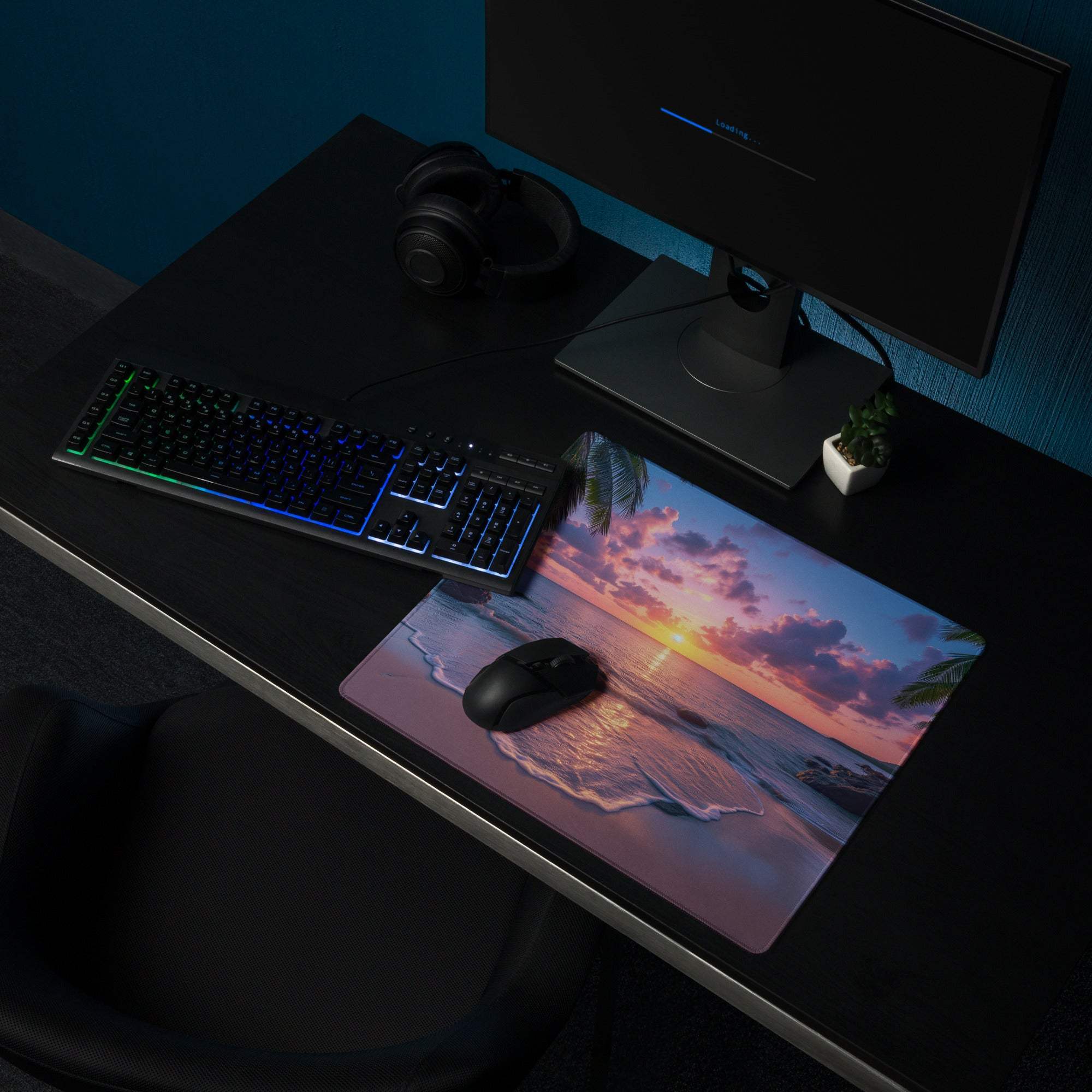 Large vibrant sunset beach gaming mouse pad with non-slip backing and edge stitching