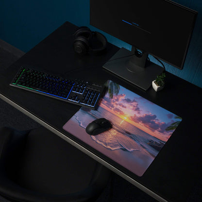 Large vibrant sunset beach gaming mouse pad with non-slip backing and edge stitching