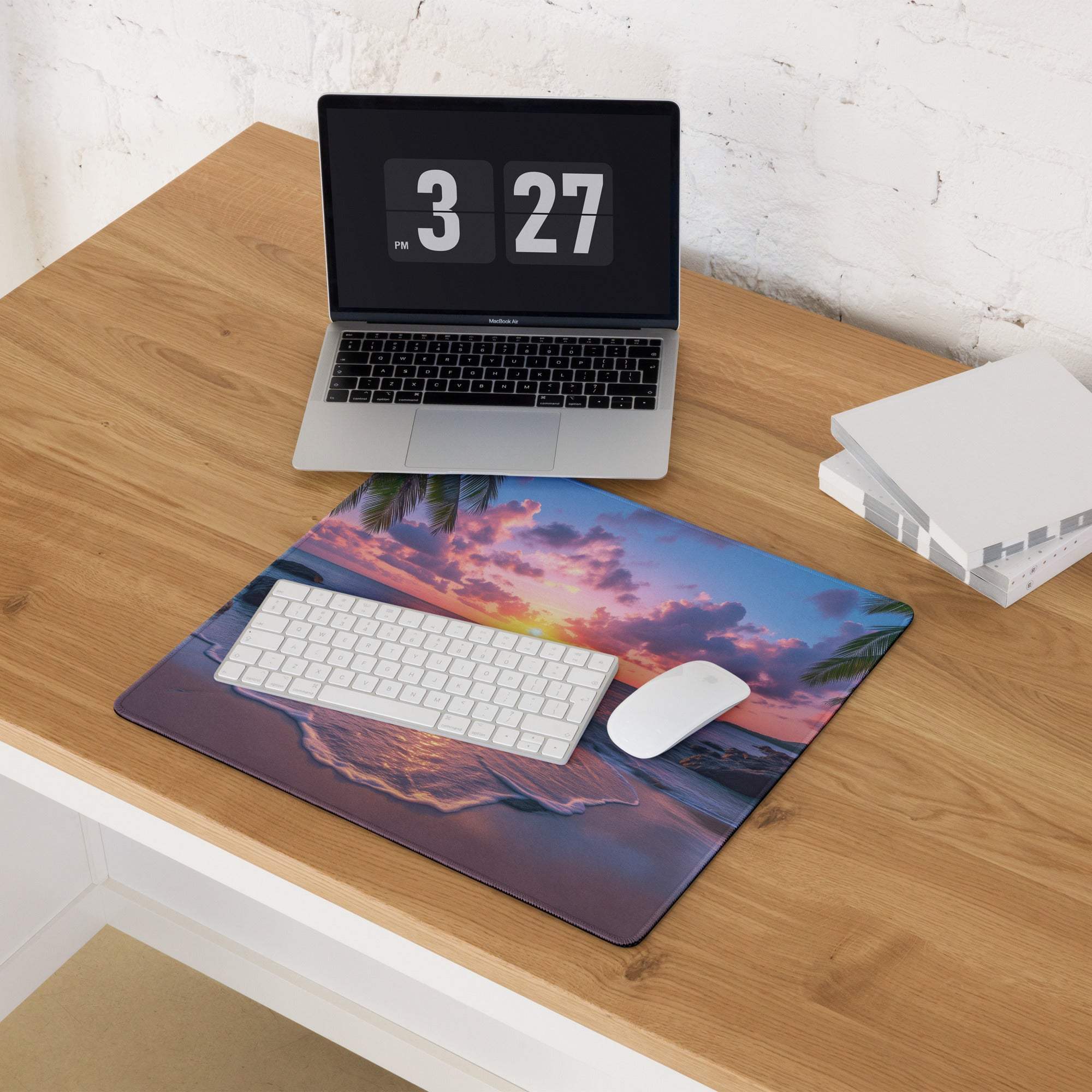 Large vibrant sunset beach gaming mouse pad with non-slip backing