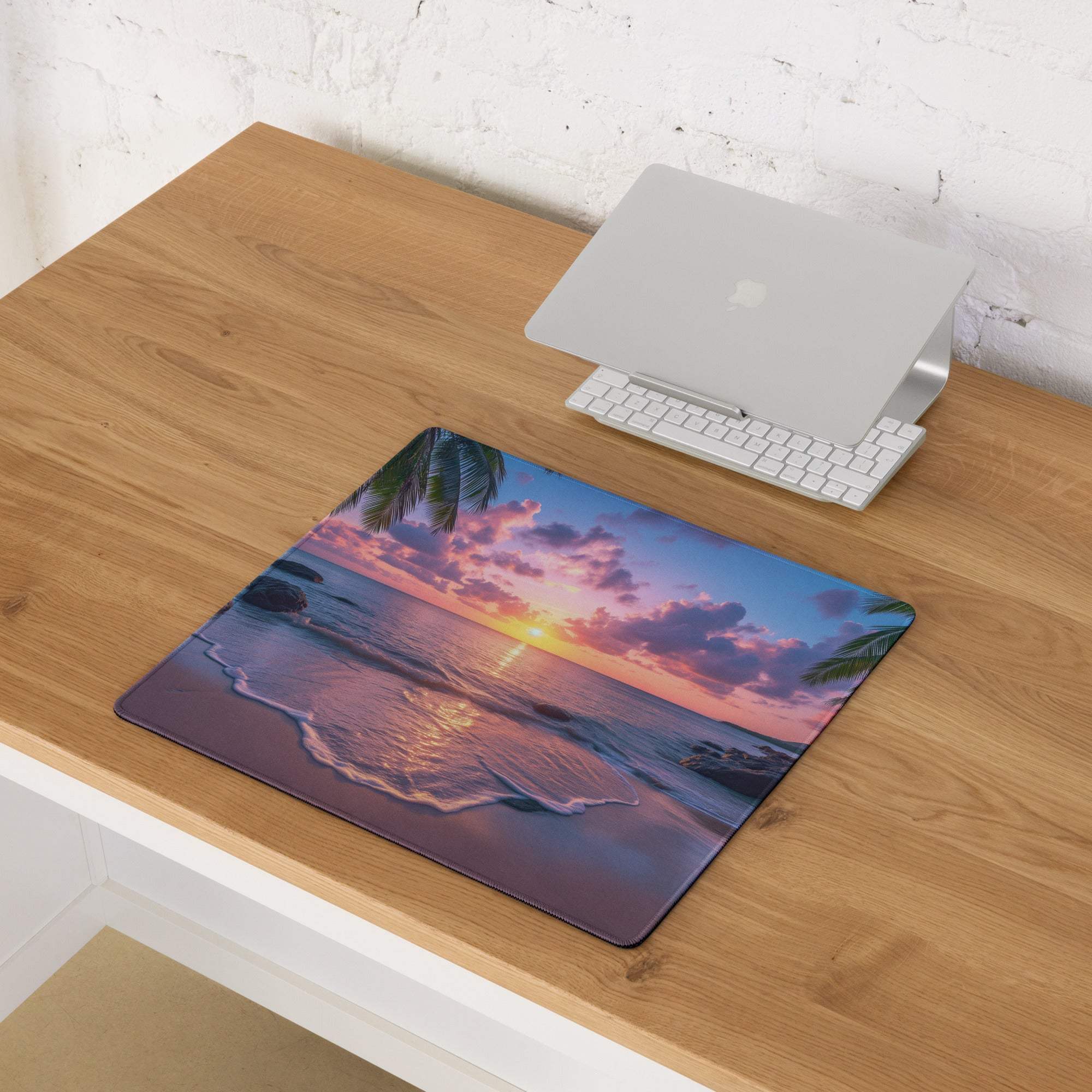 Vibrant sunset beach gaming mouse pad with palm fronds, waves, non-slip backing