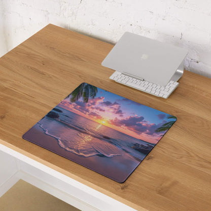 Vibrant sunset beach gaming mouse pad with palm fronds, waves, non-slip backing