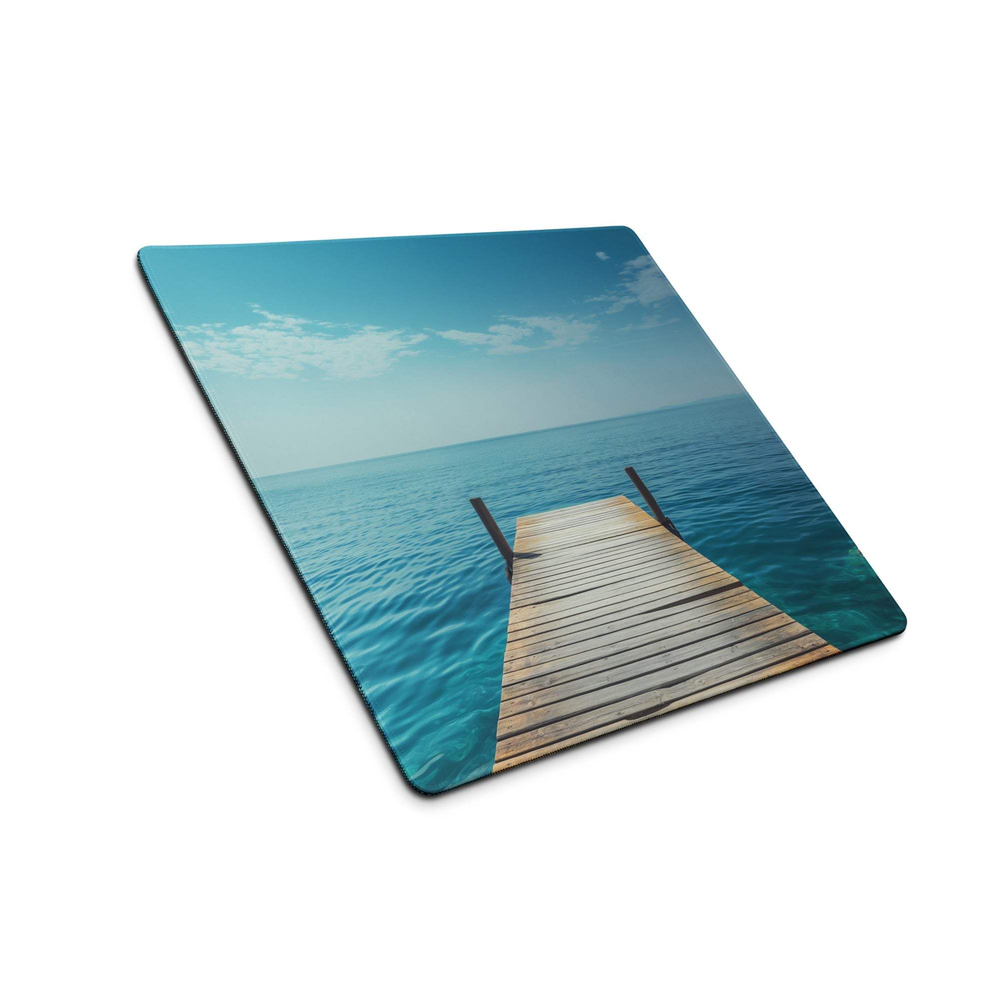 Calm ocean dock scene gaming mouse pad with large non-slip surface