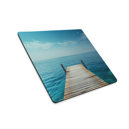 Calm ocean dock scene gaming mouse pad with large non-slip surface