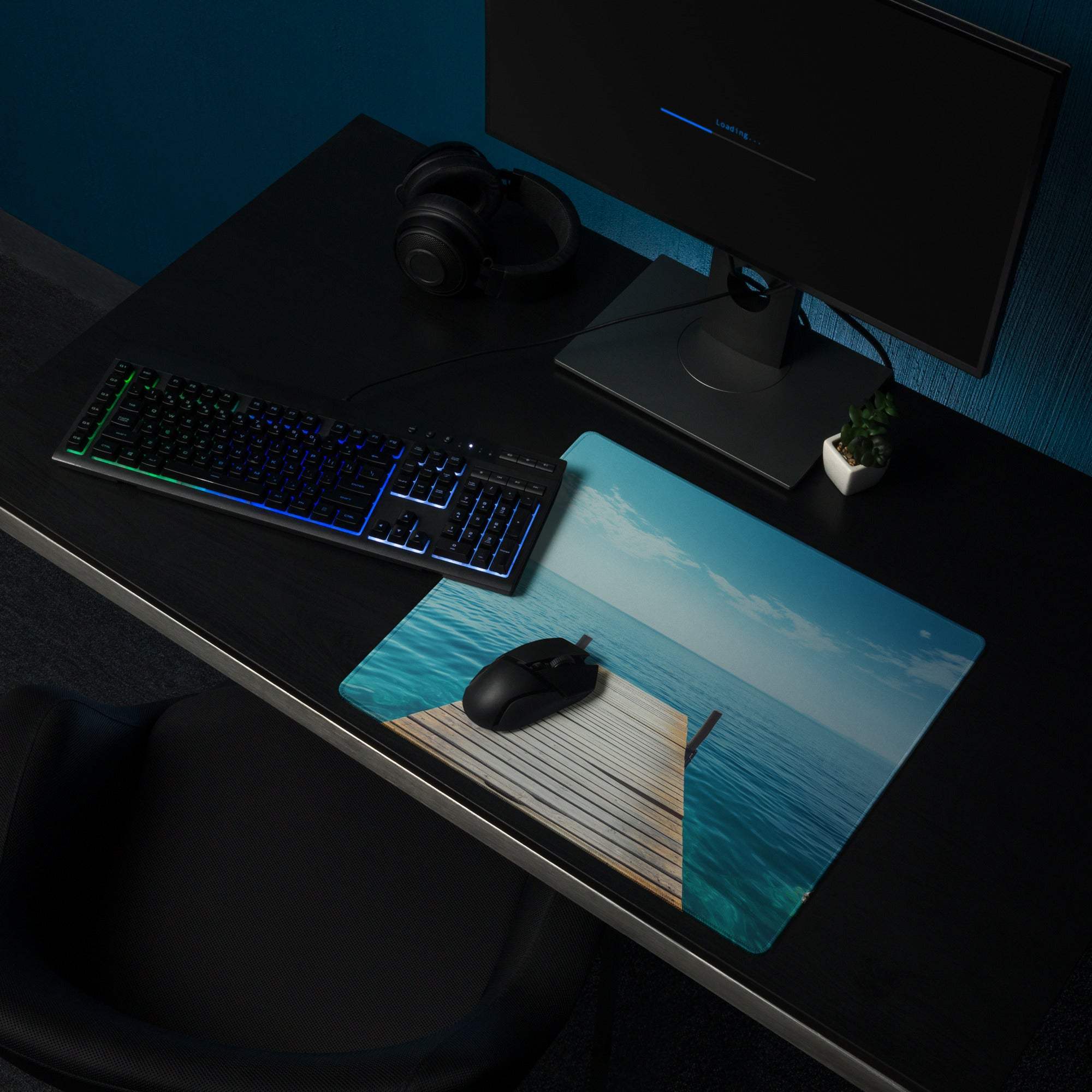Calm ocean dock scene gaming mouse pad with large non-slip surface