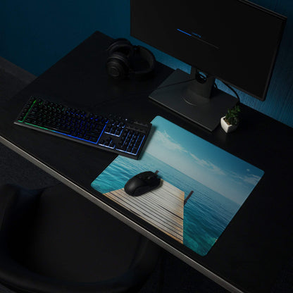 Calm ocean dock scene gaming mouse pad with large non-slip surface