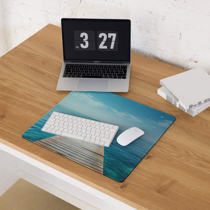 Calm ocean dock gaming mouse pad with turquoise water, clouds, non-slip backing