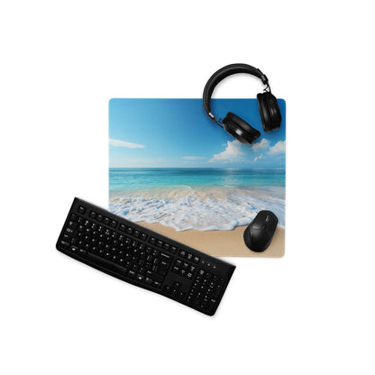 Calm Ocean Blue gaming mouse pad with turquoise waves, foam, sand, non-slip base