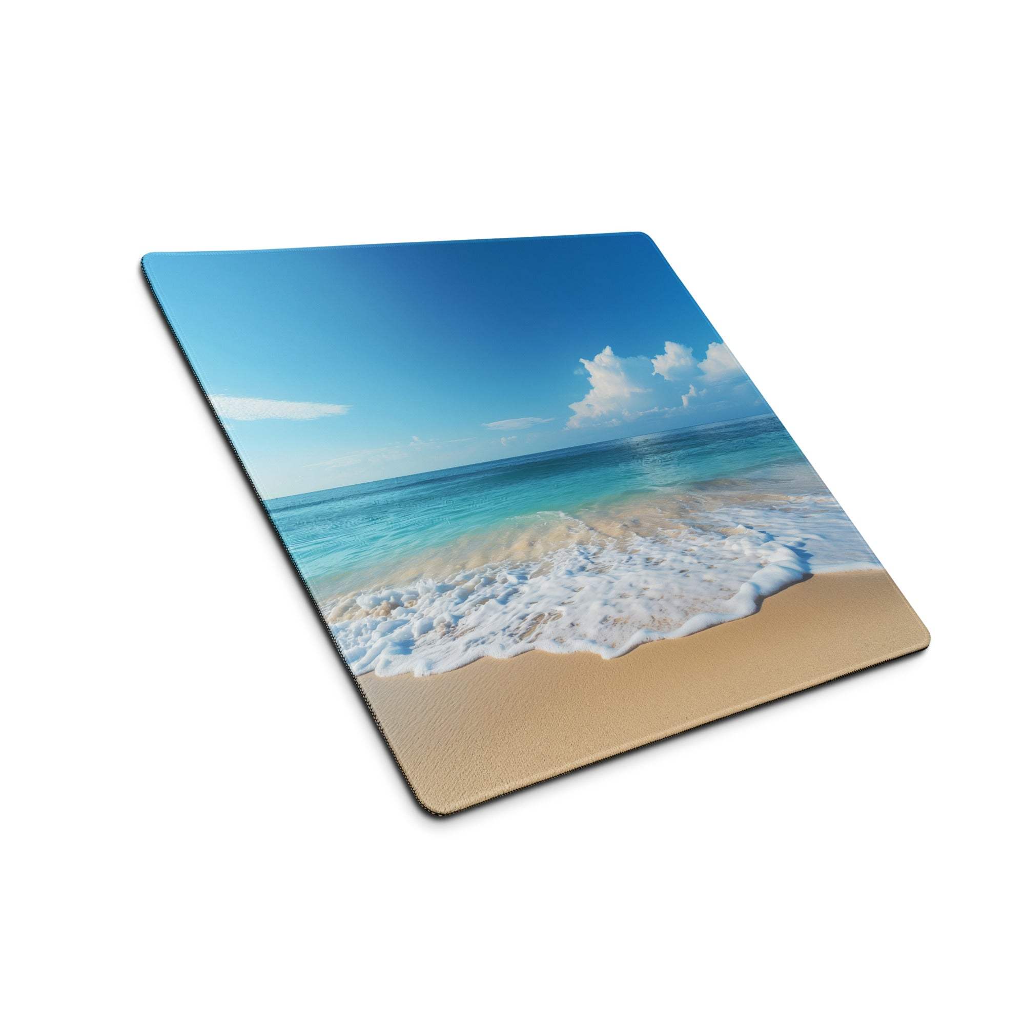 Calm ocean blue gaming mouse pad with turquoise waves on beige sandy beach