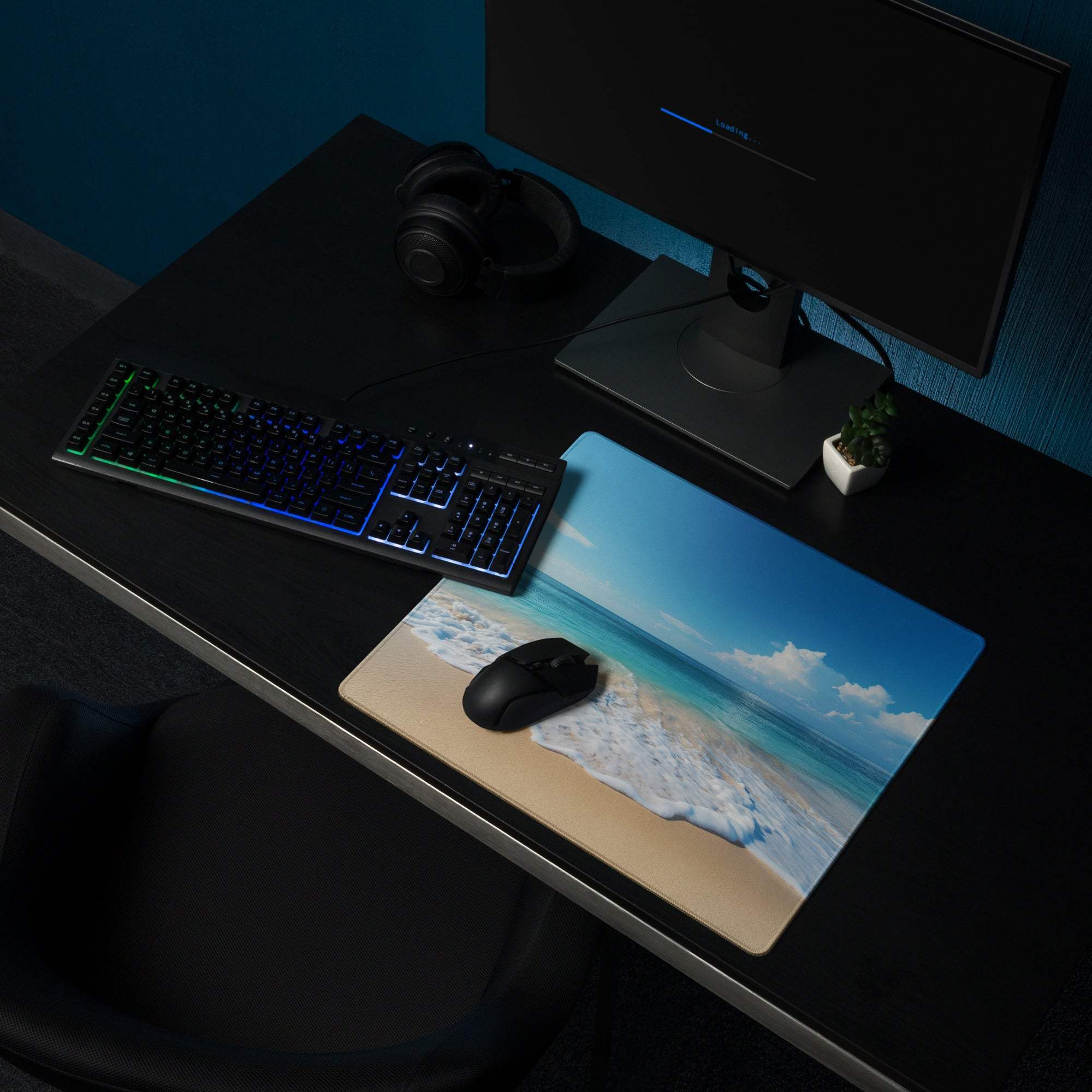 Calm ocean blue gaming mouse pad with turquoise waves on sandy shore