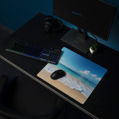 Calm ocean blue gaming mouse pad with turquoise waves on sandy shore