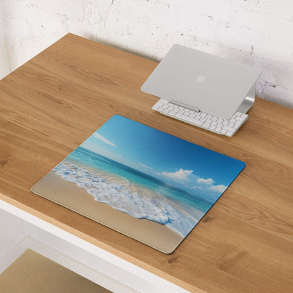 Calm ocean blue gaming mouse pad with turquoise waves on sandy shore
