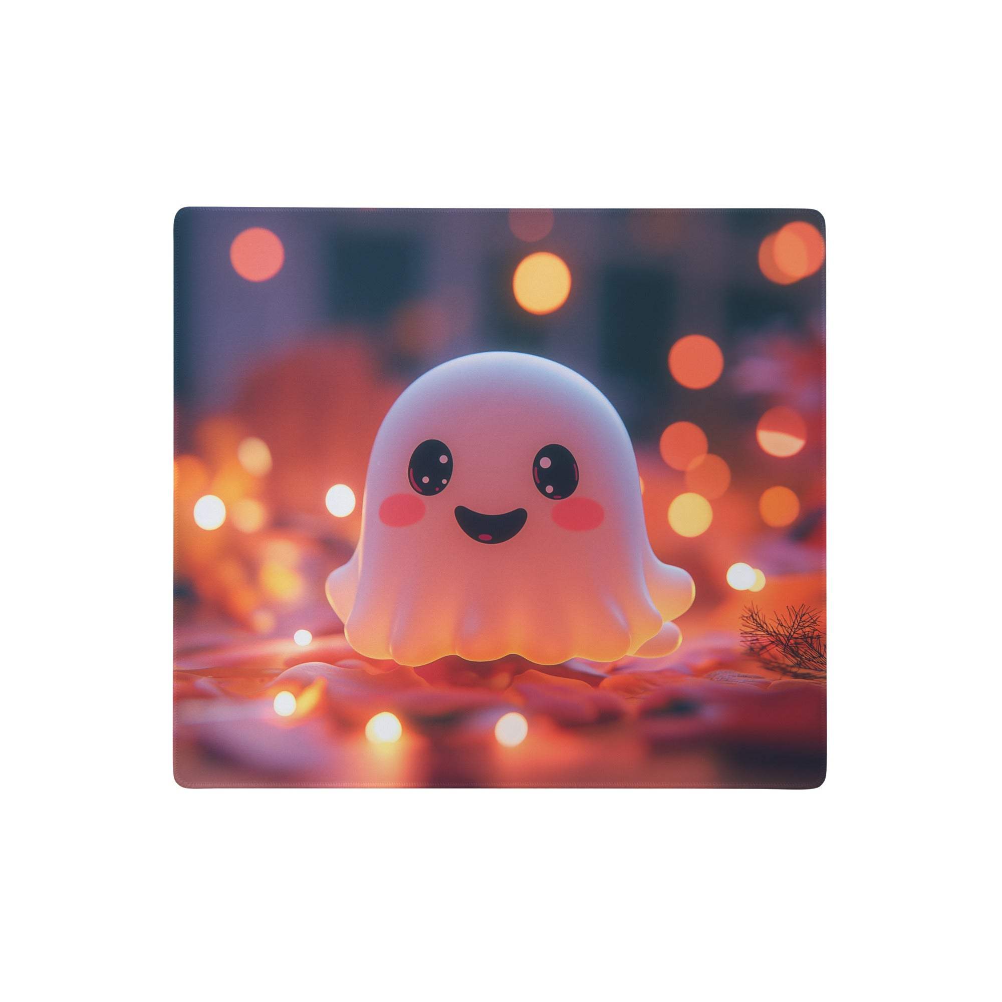 Cute translucent pink ghost figurine with black eyes and rosy cheeks glowing on a ghost themed gaming pad
