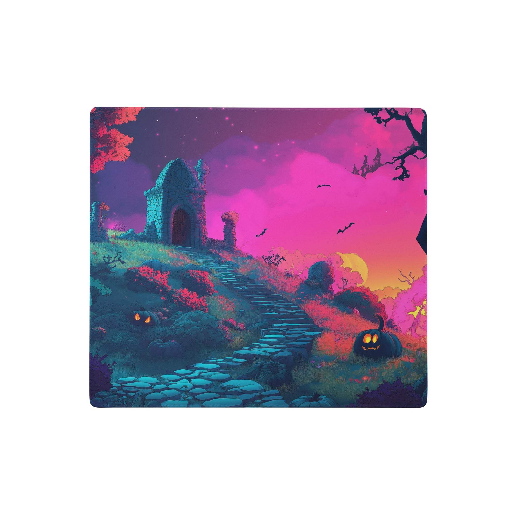 Neon sunset castle mouse pad with vibrant halloween-themed mystical ruin, glowing jack-o-lanterns, and bats on pink purple sky
