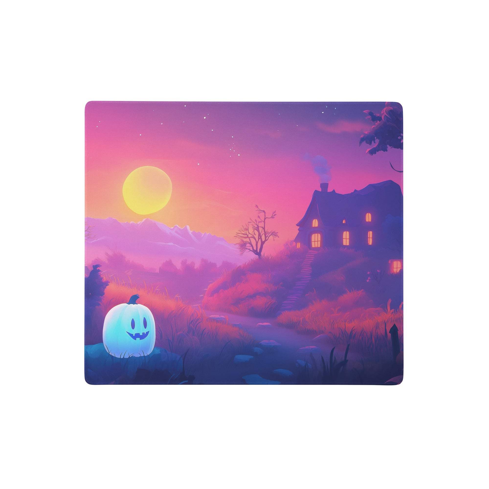 Halloween twilight purple sunset mouse pad featuring a vibrant purple and pink design with a glowing blue pumpkin