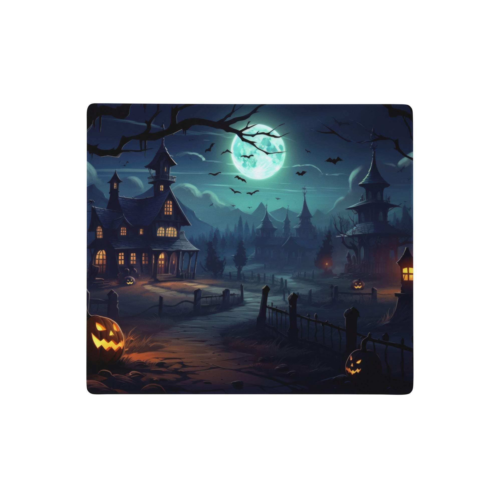 Halloween-themed mouse pad featuring a spooky mansion under a full moon with glowing jack o lanterns and bats