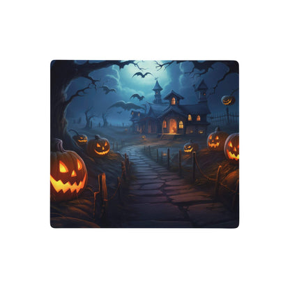 Halloween-themed rectangular desk pad with a haunted house and glowing jack-o-lanterns under a moonlit sky