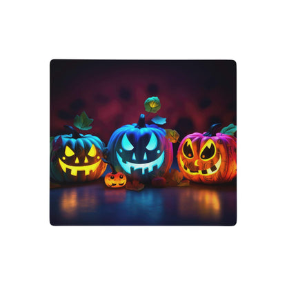 Illuminated halloween pumpkin gaming mouse pad with three glowing blue orange and teal jack o lanterns
