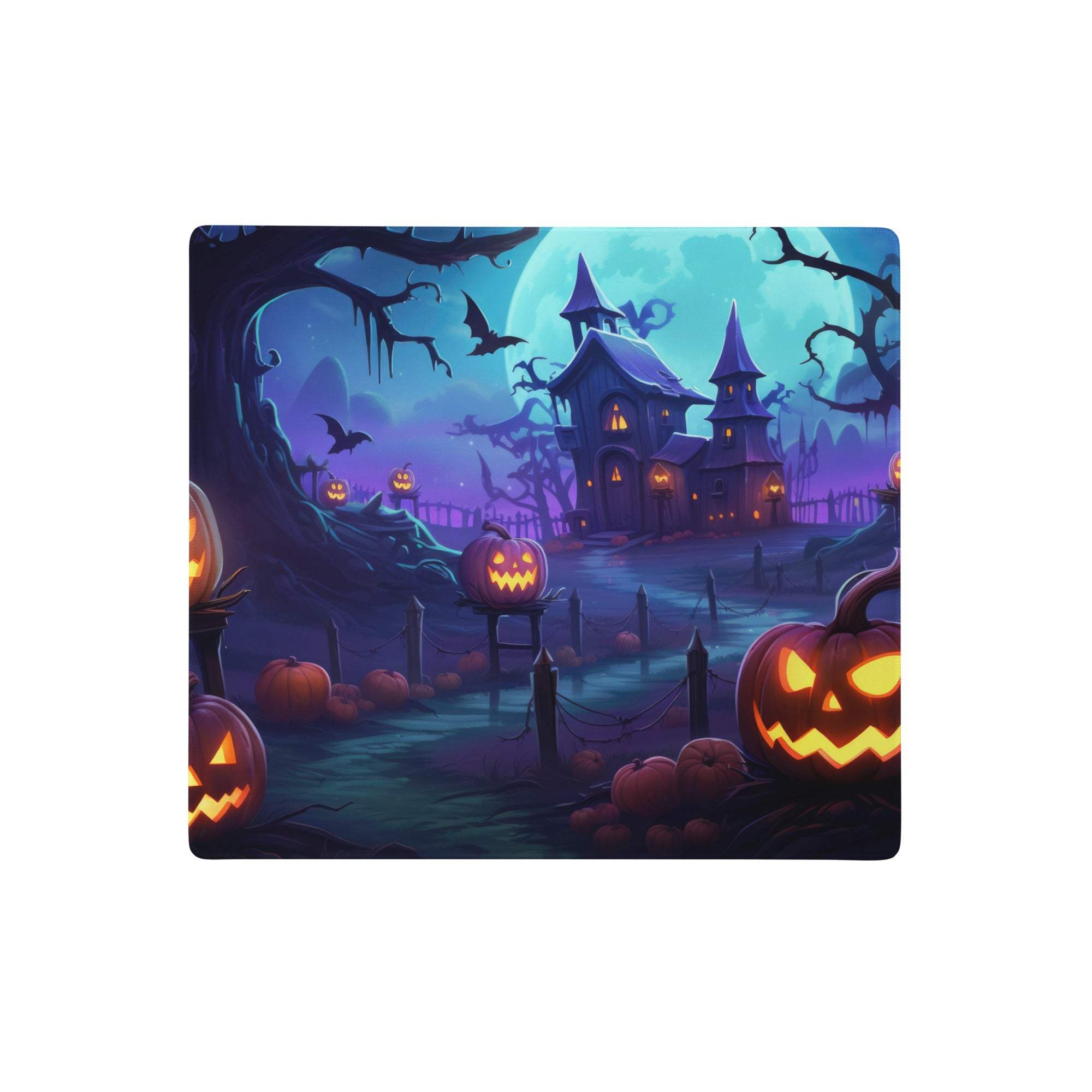 Halloween pumpkin gaming mouse pad with spooky haunted house orange purple moody night scene decor for gamers