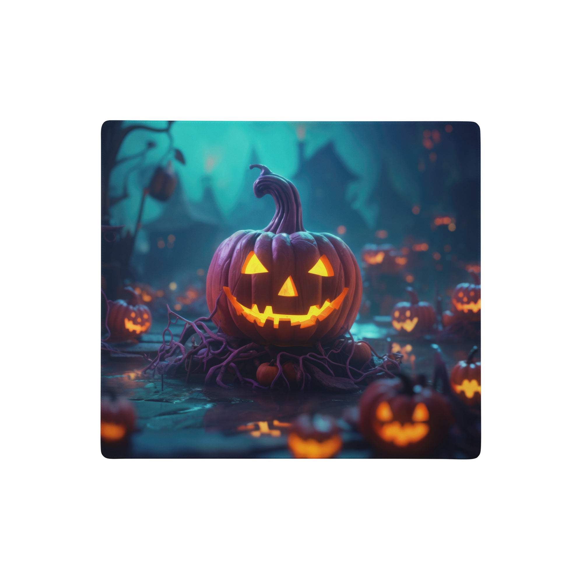A glowing orange jack-o-lantern print on a pumpkin glow halloween mouse pad with cozy festive fabric design